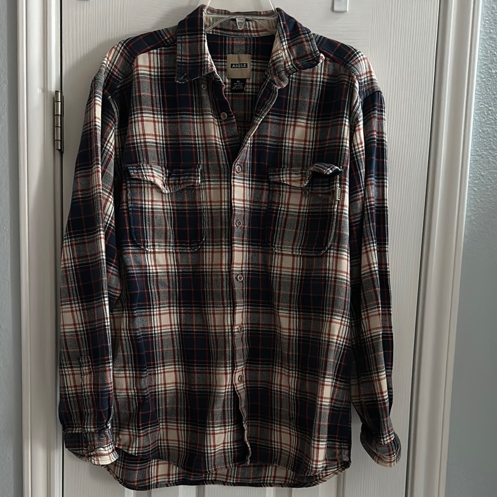 Aigle Button Down 100% Cotton Flannel Navy Orange Tan Plaid Outdoors Men’s XL